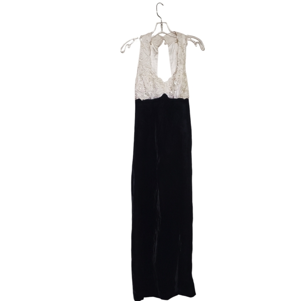 Vintage 80s Dillard's Satin and Velvet Evening Formal Dress Black/ White Size 9